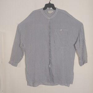 pureDKNY Striped Band Collar Button Up Shirt Womens Size L 3/4 Sleeve White Navy